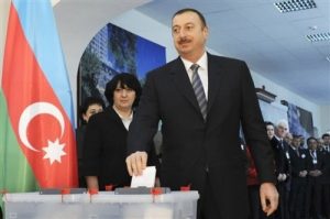Ilham Alivey casting his vote in a referendum on various constitutional issues including the two term limit for a president. The Azeri leader won the referendum by a land-slide. (AP)