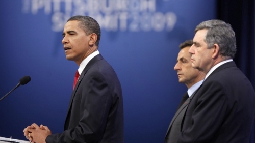 President Barack Obama condemned Iran's newly declared nuclear facility flanked by French President Nicolas Sarkozy and U.K. Prime Minister Gordon Brown (Gerald Herbert / AP)