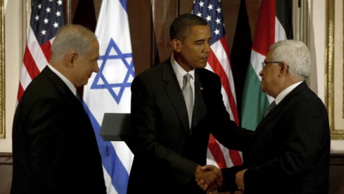 Israeli Prime Minister Benjamine Netanyahu, U.S. President Barack Obama, and acting Palestinian Prime Minister Mahmoud Abbas. The U.S. House of Representatives voted this week passed a resolution rejecting the U.N. Goldstone Report on its investigation into Israel's assault on the Gaza Strip. (Omar al-Rashidi / AP)