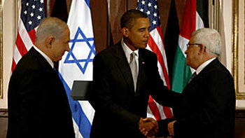 Obama meets with Israeli Prime Minister Benjamin Netanyahu (left) and Palestinian President Mahmoud Abbas (right) -- (Omar Al-Rashidi /PPO/AP)