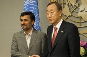 Iranian President Mahmoud Ahmadinejad with U.N. Secretary General Ban Ki-moon in New York (Don Emmert/AFP)