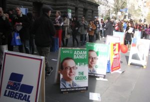 Voters queuing outside Melbourne Town Hall on election day.