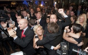 Sweden Democrats party members celebrate their electoral victory (Fredrik Sandberg/Reuters)