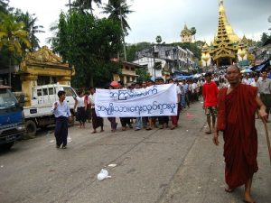 Monks Protesting in Burma (Rangoon, Shwedagon pagoda) in 2007