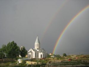 A double rainbow over the Ghazanchetsots Cathedral, in Shushi, Artsakh (Nagorno-Karabakh), taken from Hotel Shushi. (Serouj/Wikipedia)