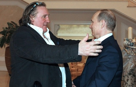 Gerard Depardieu greets Russian President Vladimir Putin. (Mikhail Klimentyev/AP) 