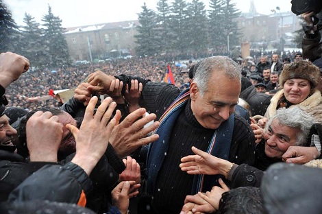 Armenian leader Raffi Hovannisian greets his supporters at a post-election rally. His movement to "return power to the people" has a brand new name: Ba-revolution, the revolution of hello (barev). (Photo credit: facebook.com/Raffi.K.Hovannisian)