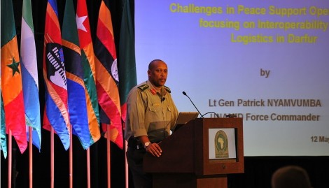 Lt. Gen. Patrick Nyamvumba, force commander for the United Nations - African Union Mission in Darfur (UNAMID), speaks during a plenary session of the African Land Forces Summit, May 12 (Barbara Romano/US Army)