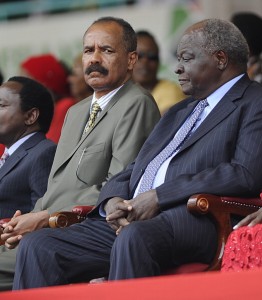 Eritrea's president Isaias Afewerki (L) sits next to Kenya former president Mwai Kibaki (R) at the Kasarani stadium in Nairobi on December 12, 2013 during celebrations marking half a century of independence from Britain. (Simon Maina/AFP/Getty Images)