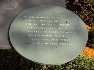 The Armenian Genocide commemorative memorial at the Goddard Chapel, Tufts University. The plaque reads, "To the glory of God and the memory of one and one half million Armenians - many of them related to Tufts Alumni - who perished in the 1915 Genocide in what is now modern Turkey." (Photo: Grigor Boyakhchyan)