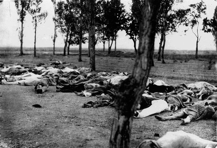 Picture showing Armenians killed during the Armenian Genocide. Image taken from Ambassador Morgenthau's Story, written by Henry Morgenthau, Sr. and published in 1918. Original description: "THOSE WHO FELL BY THE WAYSIDE. Scenes like this were common all over the Armenian provinces, in the spring and summer months of 1915. Death in its several forms---massacre, starvation, exhaustion---destroyed the larger part of the refugees. The Turkish policy was that of extermination under the guise of deportation" (Public Domain/Wikimedia Commons)