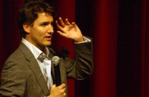 Justin Trudeau speaking in front of a packed crowd at the Humanities Theatre at the University of Waterloo in March 2006. (Mohammad Jangda)