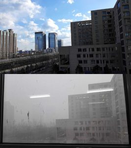 View outside the author’s office window 24 hours apart in December 2015. PM2.5 index: top picture 30, bottom picture 603.