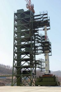 North Korea's Unha-3 rocket ready to launch at Tangachai-ri space center on April 8, 2012. (Voice of America)