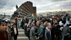 Gazans tore down a section of wall on the border with Egypt after Israel's murderous assault on the civilian population of Gaza in January, 2008. Israel continues to hold Gaza under siege. (Kevin Frayer/AP)