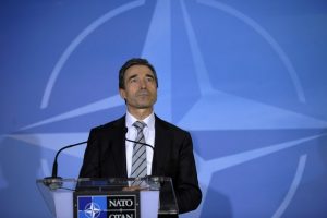 NATO Secretary General Rasmussen addresses a news conference on Libya at the Alliance headquarters in Brussels