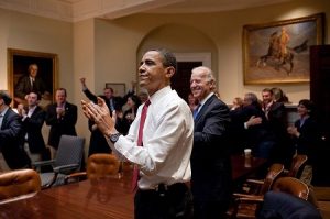President Obama, Vice President Biden, and senior staff react to the passage of the Affordable Care Act on March 21, 2010 (Pete Souza)