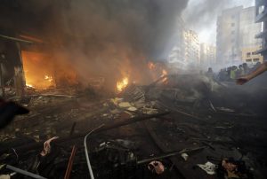 The scene of a bombing in south Beirut, August 15, 2013 (AP)