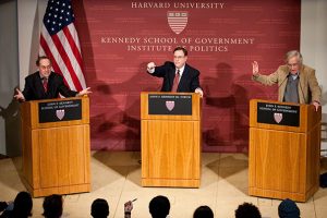 Alan Dershowitz (left) and Noam Chomsky (right) debated at Harvard University in 2005 (Photo: Harvard)