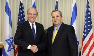 U.S. Special Envoy George Mitchell with Israeli Minister of Defense Ehud Barak before their meeting in Tel Aviv, Israel July 26, 2009. (Matty Stern/US State Department)