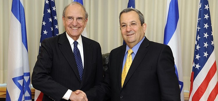 U.S. Special Envoy George Mitchell with Israeli Minister of Defense Ehud Barak before their meeting in Tel Aviv, Israel July 26, 2009. (Matty Stern/US State Department)