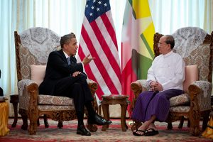 US President Barack Obama meeting with President Thein Sein of Burma at the Burma Parliament Building in Rangoon, Burma, November 19, 2012. (Pete Souza/White House)