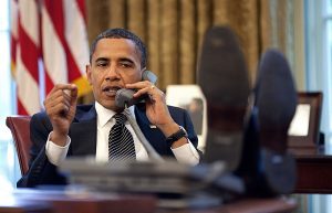 President Barack Obama talks with Israeli Prime Minister Benjamin Netanyahu during a phone call from the Oval Office, Monday, June 8, 2009. (Pete Souza/White House)