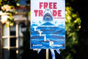 A sign at an anti-TTIP protest meeting at Parliament Square in London on Saturday 11th October 2014. (Garry Knight/Flickr)