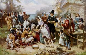 The First Thanksgiving 1621, oil on canvas by Jean Leon Gerome Ferris (1899). The painting shows common misconceptions about the event that persist to modern times: Pilgrims did not wear such outfits, and the Wampanoag are dressed in the style of Native Americans from the Great Plains. (Public Domain/Wikimedia Commons)