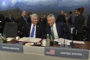 US Secretary of Defense Chuck Hagel with British Defense Secretary Michael Fallon before a meeting of defense leaders in Newport, Wales, Sept. 4, 2014, during the 26th NATO summit. (Glenn Fawcett/DOD)