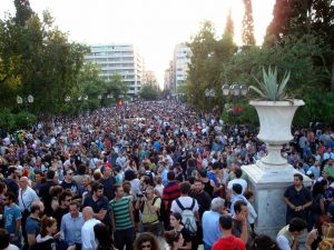 Protesters in Athens demonstrate against "austerity" measures in the plaza in front of the Greek parliament on May 25, 2011. (linmtheu/Flickr)
