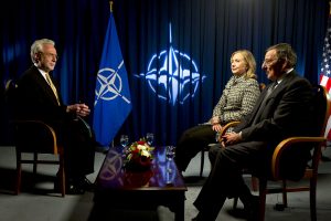 CNN's Wolf Blitzer interviews U.S. Defense Secretary Leon E. Panetta and Secretary of State Hillary Rodham Clinton at the NATO "jumbo" ministerial at NATO headquarters in Brussels, April 18, 2012. (Erin A. Kirk-Cuomo/US Department of Defense)