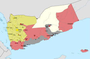 Map showing division of territory in Yemen: green is controlled by Houthis, red by Hadi loyalists, and gray by al-Qaeda and Ansar al-Sharia (0ali1/Wikimedia Commons)