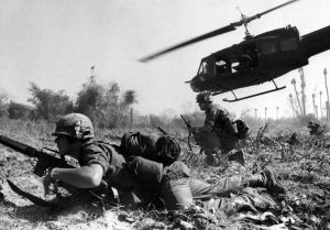 Combat operations at Ia Drang Valley, Vietnam, November 1965. Major Bruce P. Crandall's UH-1D helicopter climbs skyward after discharging a load of infantrymen on a search and destroy mission. (US Army)