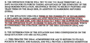 A Defense Intelligence Agency document notes that the supporters of the Syrian opposition seek to establish an Islamic state to isolate the Assad regime.