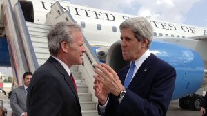 Israeli Ambassador to the US Michael B. Oren with US Secretary of State John Kerry at Ben Gurion International Airport in Tel Aviv, Israel, on April 9, 2013. (US State Department)