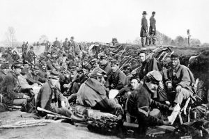 Union soldiers entrenched along the west bank of the Rappahannock River at Fredericksburg in the Battle of Chancellorsville. (A. J. Russell/National Archives)