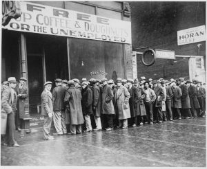Unemployed men queued outside a depression soup kitchen opened in Chicago by Al Capone (National Archives and Records Administration)
