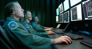 Air Force officers monitor a cyber warfare exercise. (Carrie Kessler/US Air Force)
