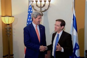 US Secretary of State John Kerry with Israeli Knesset member Isaac Herzog in the King David Hotel, Jerusalem, November 24, 2015. (US State Department)