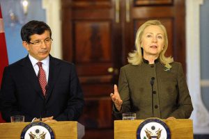 US Secretary of State Hillary Rodham Clinton with Turkish Foreign Minister Ahmet Davutoglu at the US Department of State in Washington, DC, on February 13, 2012. (State Department)