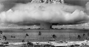 The "Baker" explosion, part of Operation Crossroads, a nuclear weapon test by the United States military at Bikini Atoll, Micronesia, on 25 July 1946. (US Department of Defense)
