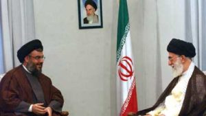 Seyyed Hassan Nasrallah and Ayatollah Seyyed Ali Khamenei the supreme leader of Iran in Hizbullah Secretary-General and his delegation meeting with Seyyed Ali Khamenei in 2005. (Khamenei.ir/CC BY 4.0)