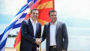 Prime Minister Zoran Zaev of Macedonia and Prime Minister Alexis Tsipras of Greece shake hands after the signing of the Prespa Agreement on June 17, 2018. (vladamk/public domain)