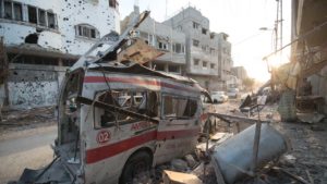 A destroyed ambulance in the Gaza Strip during Israel's "Operation Protective Edge" assault in August 2014 (Boris Niehaus/CC BY-SA 4.0)