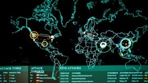 Cyber attacks displayed on a map at Warfield Air National Guard Base in Maryland on June 3, 2017 (Photo by J.M. Eddins Jr, US Air Force)